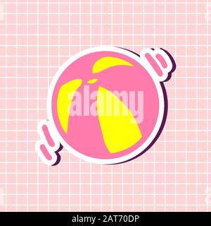 Inflatable summer baby ball in yellow and pink colors sticker isolated on textured background. Cute girly element. Vector illustration in cartoon styl Stock Vector