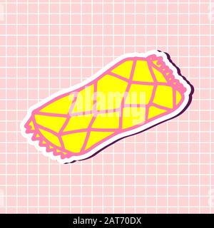 Patchwork style beach towel in yellow and pink colors sticker isolated on textured background. Cute sign girly element. Vector illustration in cartoon Stock Vector