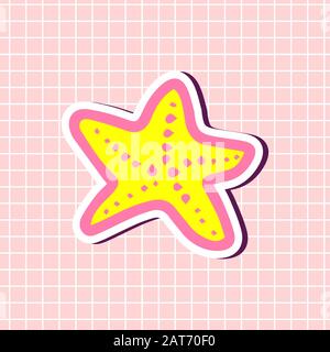 Cute starfish yellow and pink colors sticker isolated on textured background. Single girly element. Vector sign illustration in cartoon style. Bright Stock Vector