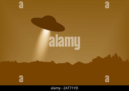 UFO hover in the sky. Vector illustration. Aliens from another planet. Stock Vector