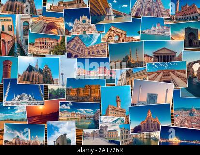 Photo collage on wooden surface made of diverse world travel destinations photos Stock Photo