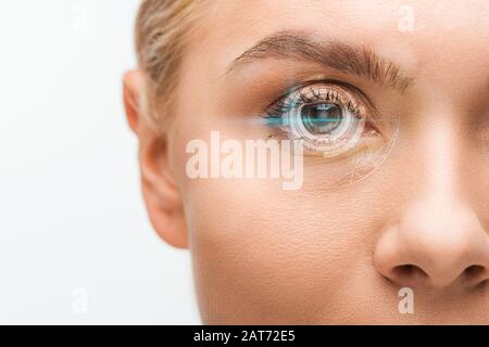 cropped view of young woman looking at camera with digital illustration on eye isolated on white Stock Photo