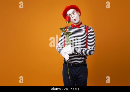Unhappy mime with white face in red hat and striped t-shirt holding rose on empty orange background in studio Stock Photo