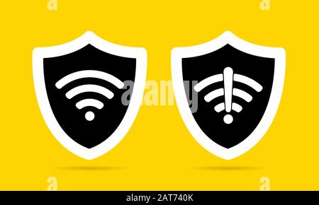 Wireless shield wifi icon sign set flat design vector illustration. Wifi internet signal symbols in the security shield isolated on yellow background. Stock Vector