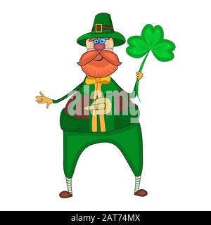 Leprechaun isolated on white background.Cartoon leprechaun with green costume and clover. Saint Patricks Day.Ireland celebration festival.Stock vector Stock Vector