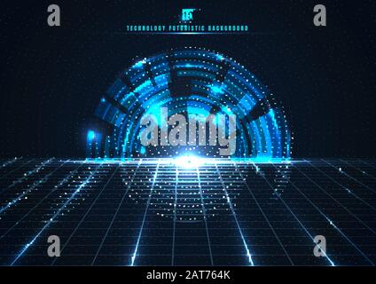 Abstract technology futuristic digital concept engineering gear wheel with perspective grid and lighting glowing particles dots elements on dark blue Stock Vector