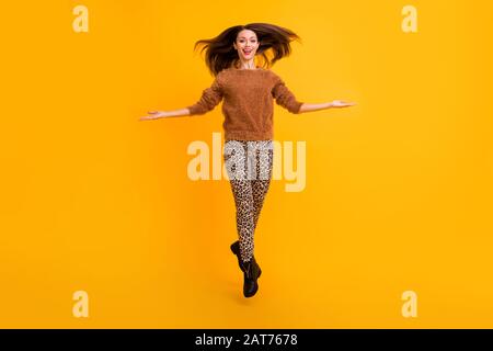 Full body photo of amazing funky lady jumping up high youth trend look throwing hairdo curls air wear fluffy sweater leopard pants shoes isolated Stock Photo