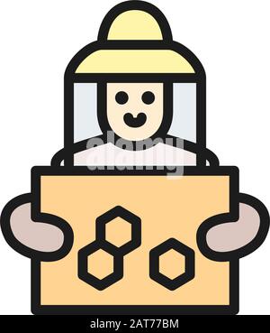 Beekeeper with honeycomb frame flat color line icon. Stock Vector