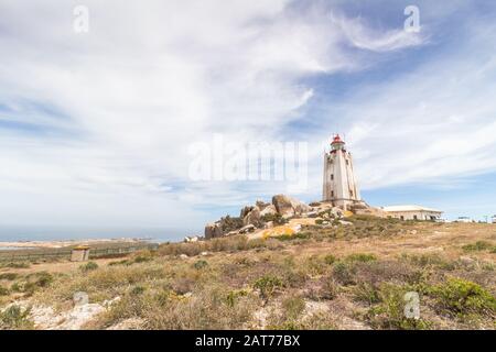 Lighthouse overlooking the Atlantic Ocean on the West Coast of South Africa at Cape Columbine Nature Reserve near Paternoster Stock Photo