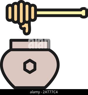 Honey dipper with pot flat color line icon. Stock Vector