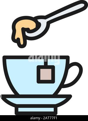 Cup of tea with honey spoon flat color line icon. Stock Vector
