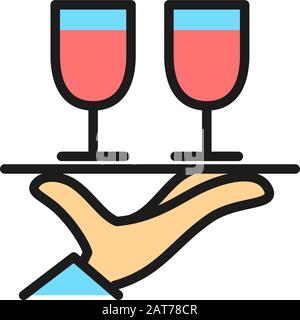 Vector hand holds two glasses flat color line icon. Stock Vector