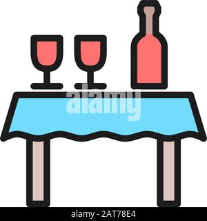 Table with bottle of wine and glasses flat color line icon. Stock Vector