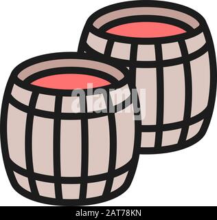Vector two wine barrels flat color line icon. Stock Vector