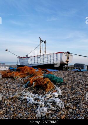 Abandoned fishing boat on Aldeburgh Beach. Aldeburgh, Suffolk Stock Photo