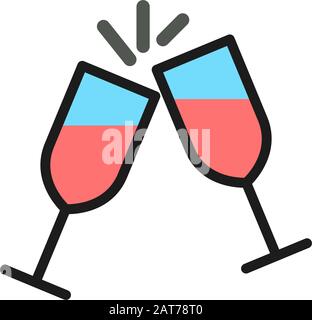 Vector two glasses clink flat color line icon. Stock Vector