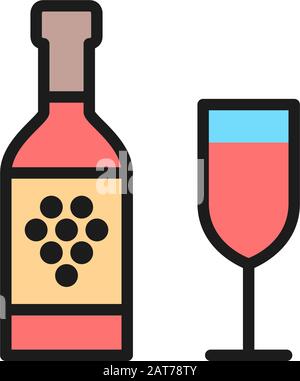 Bottle of wine with glass flat color line icon. Stock Vector