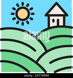 Vector vineyard fields with grapes flat color line icon. Stock Vector