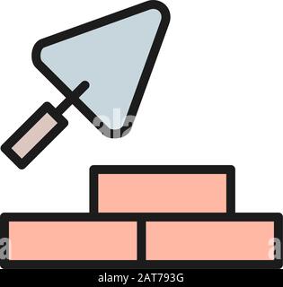 Bricks with building trowel, brickwork flat color line icon. Stock Vector