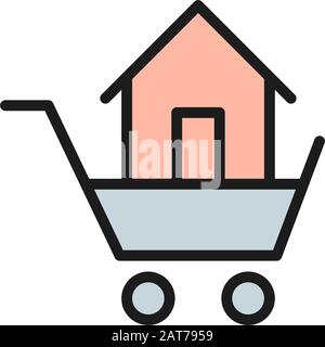 Trolley with house, sale of buildings flat color line icon. Stock Vector
