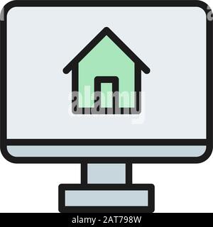 Monitor with house, app for real estate flat color line icon. Stock Vector