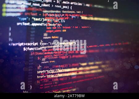 Digital technology on display. HTML5 in editor for website development. Website HTML Code on the Laptop Display Closeup Photo. Stock Photo