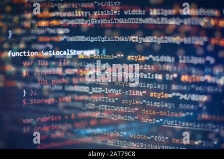 Digital technology on display. HTML5 in editor for website development. Website HTML Code on the Laptop Display Closeup Photo. Stock Photo