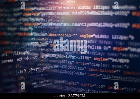 Digital technology on display. HTML5 in editor for website development. Website HTML Code on the Laptop Display Closeup Photo. Stock Photo