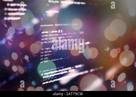 Coding script text on screen. Notebook closeup photo. CSS, JavaScript and HTML usage. Stock Photo