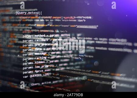 Digital technology on display. HTML5 in editor for website development. Website HTML Code on the Laptop Display Closeup Photo. Stock Photo