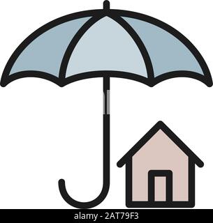 House insurance, umbrella with real estate protection flat color line icon. Stock Vector