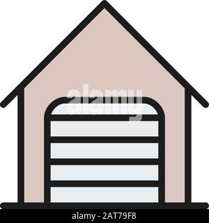 Car garage with roller shutter door flat color line icon. Stock Vector