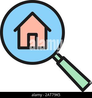 Magnifying glass with house, apartment search flat color line icon. Stock Vector