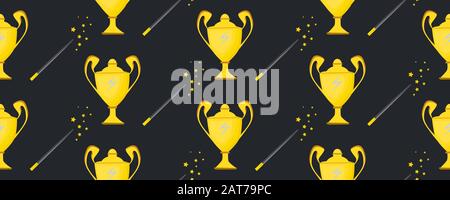 Winner cup. Seamless pattern. Background with a golden vase. Sports award. The magic bowl. Magic wand.. Stock Vector