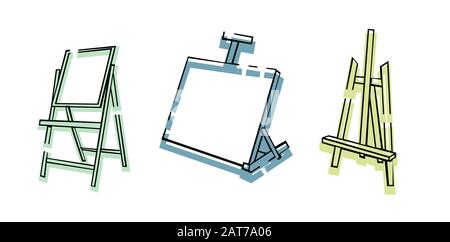 Art supplies. Easel. Stand for the picture. Oil painting. Desktop easel icons. Creativity and art.. Stock Vector