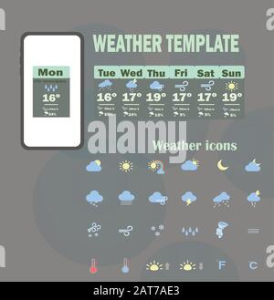 Weather forecast application for smartphone with a set of weather icons Stock Vector