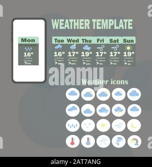 Weather forecast application for smartphone with set of flat vector weather icons. Stock Vector