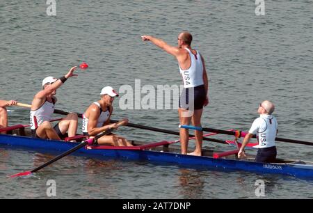 20040822 Olympic Games Athens Greece  [Rowing-Sun Finals day]  Lake Schinias.  USA M8+ Gold medallist celebrate, after winning the final.  Photo  Peter Spurrier.    email images@intersport-images.com Stock Photo