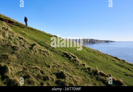 A walker climbing headland of Trwyn y Witch or Witches Point on the Glamorgan Heritage Coast at Dunraven Bay South Wales UK Stock Photo