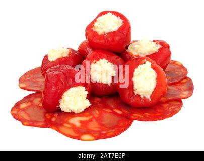 Cream cheese filled cherry bell peppers isolated on a white background Stock Photo