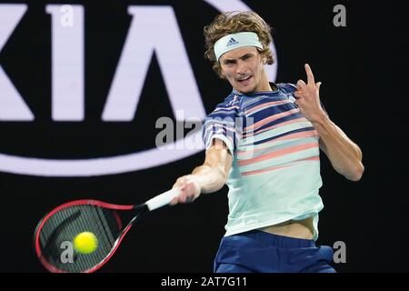 Melbourne, Australia. 31st Jan, 2020. 7th seed ALEXANDER ZVEREV (GER) in action against 5th seed DOMINIC THIEM (AUT) on Rod Laver Arena in a Men's Singles Semifinal match on day 12 of the Australian Open 2020 in Melbourne, Australia. Sydney Low/Cal Sport Media/Alamy Live News Stock Photo