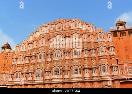 Hawa Mahal, the palace of winds is a part of the City Palace in Jaipur, Rajasthan, India. The palace was built in 1799 with red and pink sandstone and Stock Photo