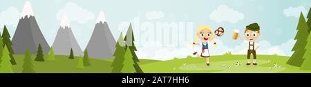 EPS illustration with man and woman holding a beer and pretzel and wearing typical Oktoberfest costume standing on grass with blue sky, mountains of a Stock Vector