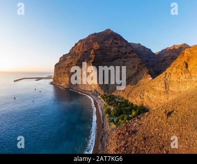 Port of Vueltas, Mount Tequergenche, Beach Playa de Argaga, Argaga Gorge, Valle Gran Rey, Aerial view, La Gomera, Canary Islands, Spain Stock Photo