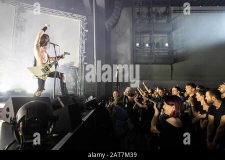 The Australian hard rock band Airbourne with singer and frontman Joel O'Keeffe live at the 27th Blue Balls Festival in Lucerne, Switzerland Stock Photo