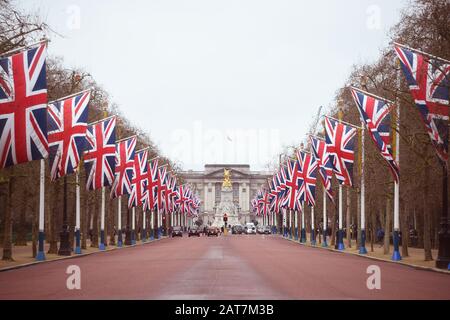 Union flags line The Mall leading to Buckingham Palace in central London on Brexit Day. PA Photo. Picture date: Friday January 31, 2020. Photo credit should read: Kirsty O'Connor/PA Wire Stock Photo