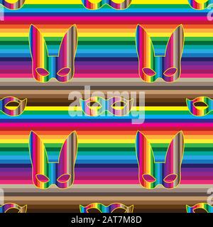 seamless pattern of carnival rainbow masks on a colored striped layer. Vector image Stock Vector