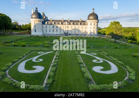 France, Indre, Berry, Valencay, Chateau de Valencay Park and Gardens, lawn of the Grande Perspective in spring and castle facade (aerial view) // Fran Stock Photo