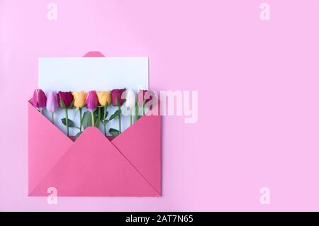 Assorted flowers inside and envelope with a blank sheet of paper Stock Photo