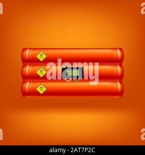 Time Bomb. Detonate Dynamite Concept. TNT Red Stick. Digital Countdown Timer Clock. Explode Flash, Burn Explosion. Stock Vector